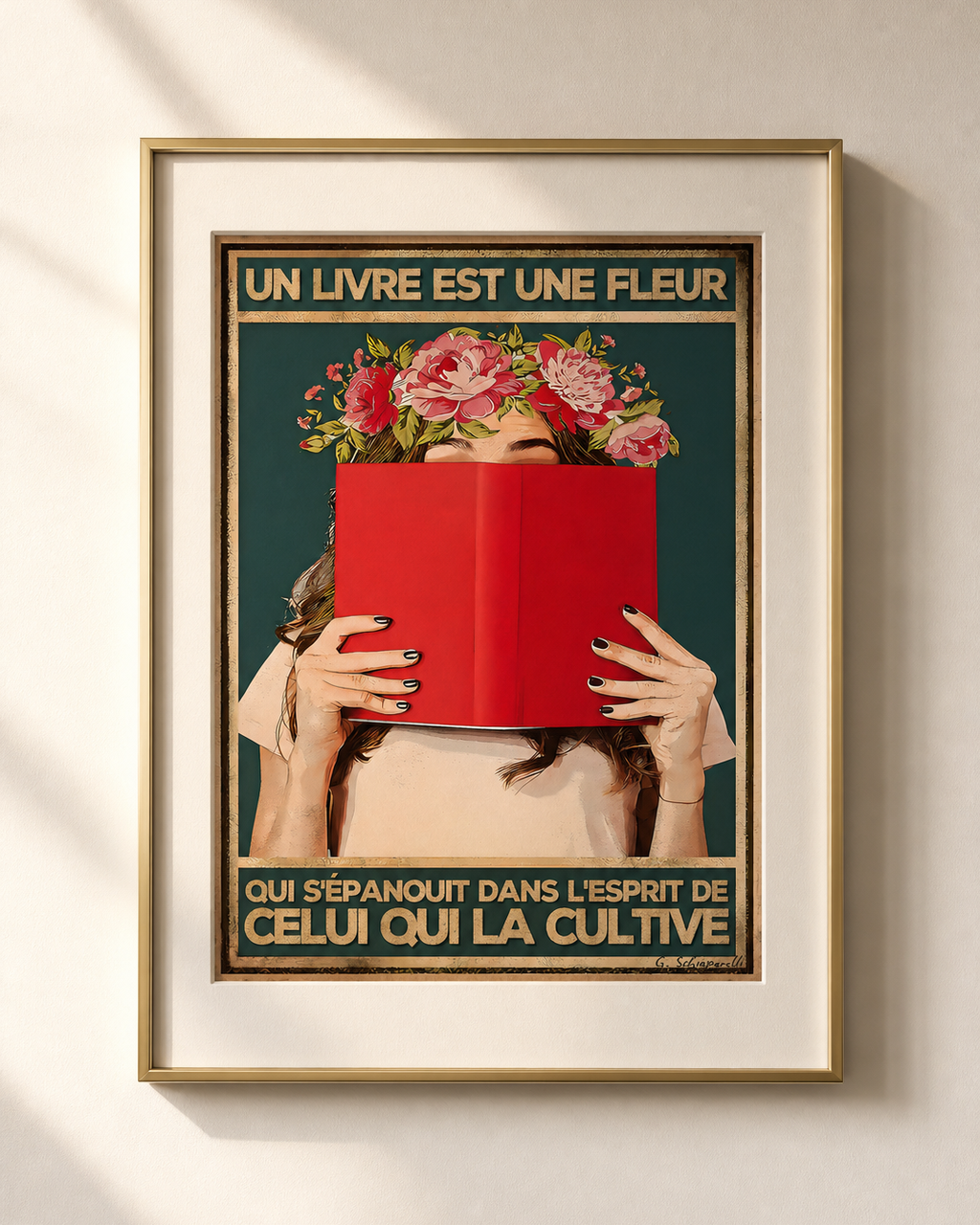 Mockup de la toile « Un livre est une fleur qui s’épanouit dans l’esprit de celui qui la cultive » — aperçu test