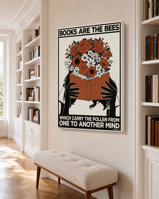 Interior styling with the “Books are the bees which carry the pollen from one to another mind” canvas