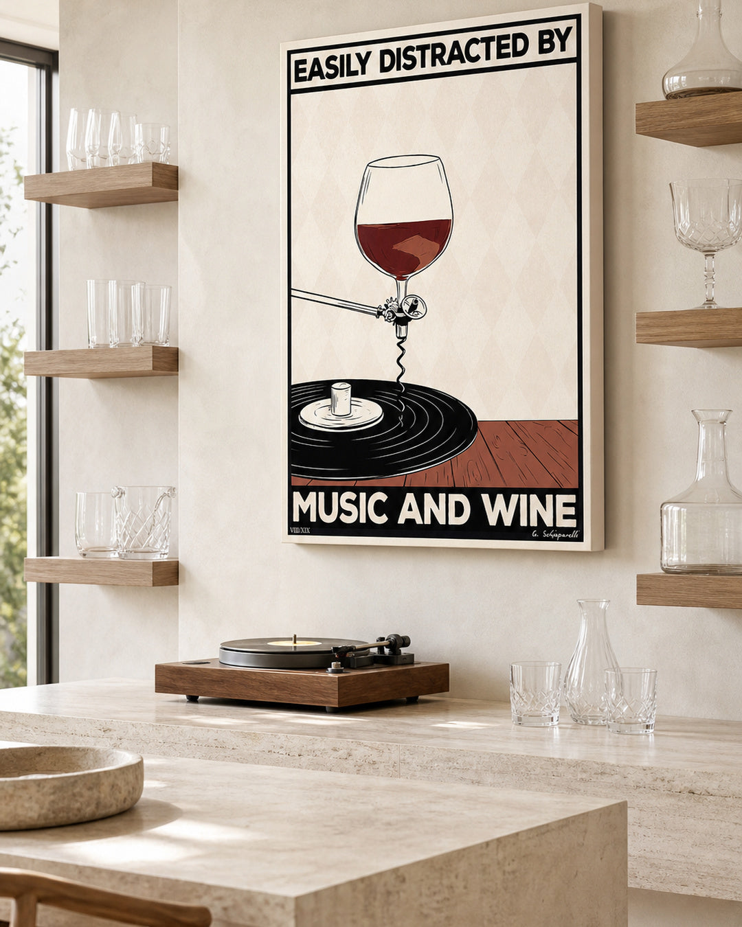 Interior styling with the “Easily distracted by music and wine” canvas