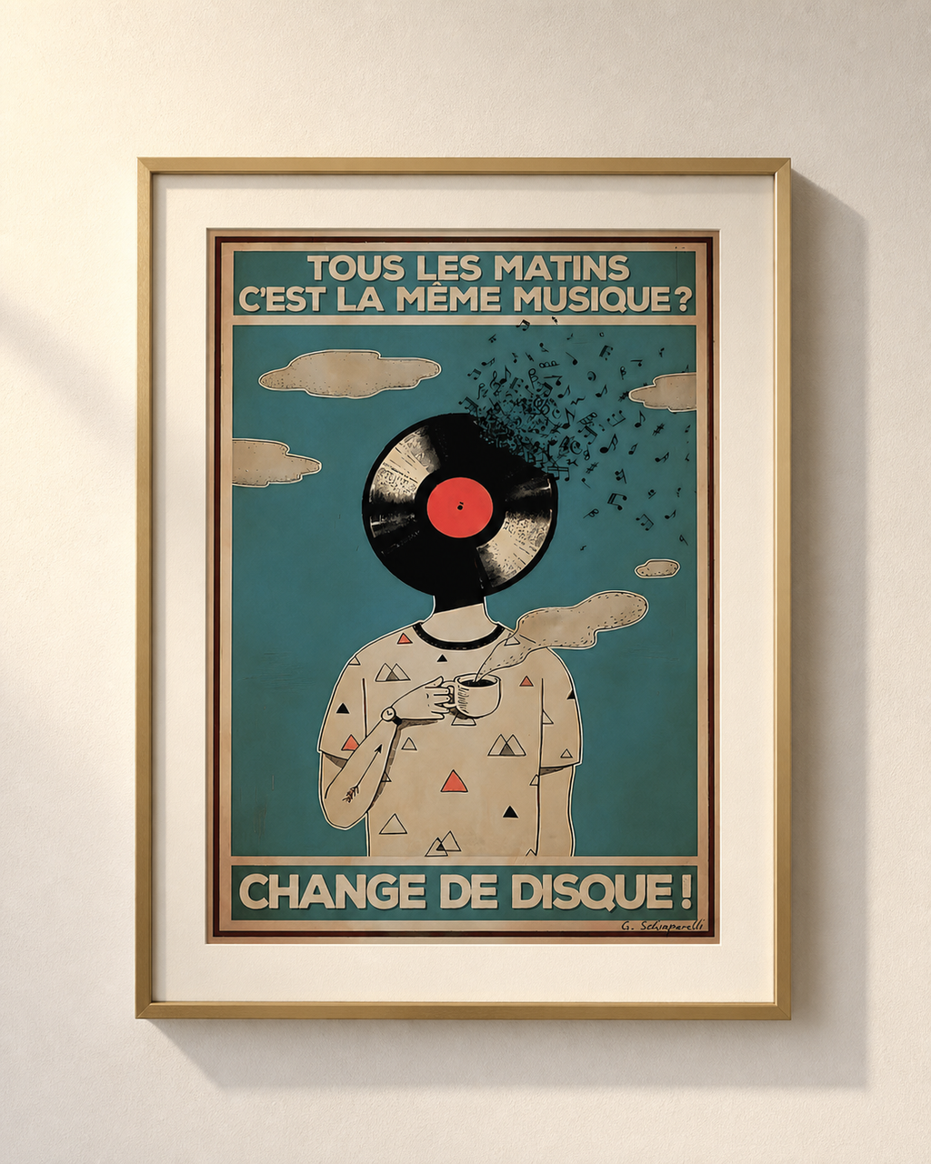 Mockup de la toile « Tous les matins, c’est la même musique ? Change de disque ! » — aperçu test