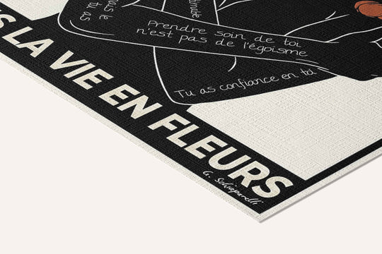 « Pas de rétroviseurs, je vois la vie en fleurs — Atelier » — toile texturée, détail du coin inférieur droit