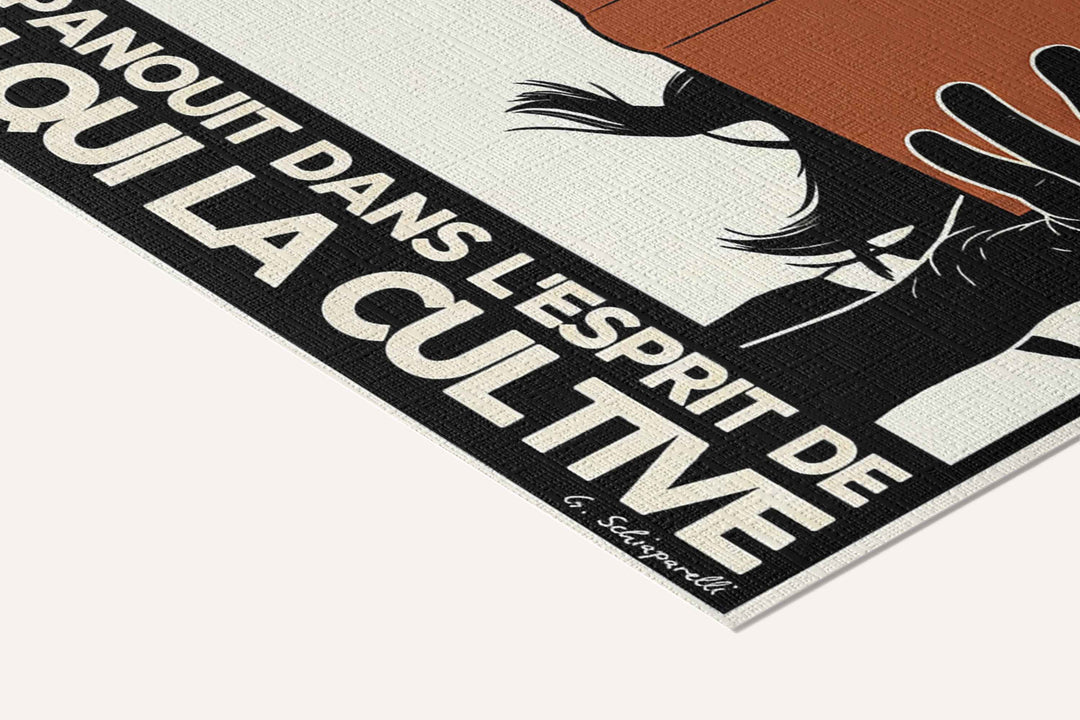 « Un livre est une fleur qui s'épanouit dans l'esprit de celui qui la cultive — Atelier » — toile texturée, détail du coin inférieur droit