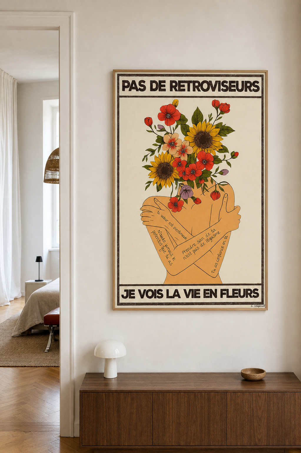 « Pas de rétroviseurs, je vois la vie en fleurs — Crème & Sable » — Art Print encadré, mise en situation 1