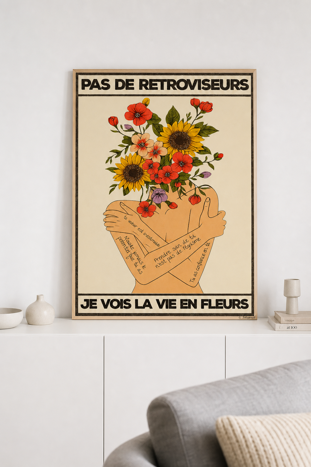 « Pas de rétroviseurs, je vois la vie en fleurs — Crème & Sable » — Art Print encadré, mise en situation 2