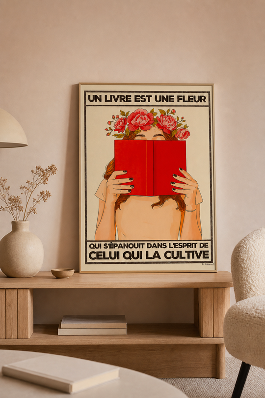 « Un livre est une fleur qui s'épanouit dans l'esprit de celui qui la cultive — Crème & Sable » — Art Print encadré, mise en situation 2