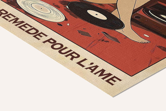 « La musique est un remède pour l'âme » — toile texturée, détail du coin inférieur droit