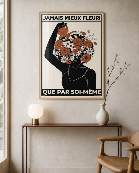 « Jamais mieux fleuri que par soi-même — Atelier » — Art print encadré sous verre, mise en situation 1