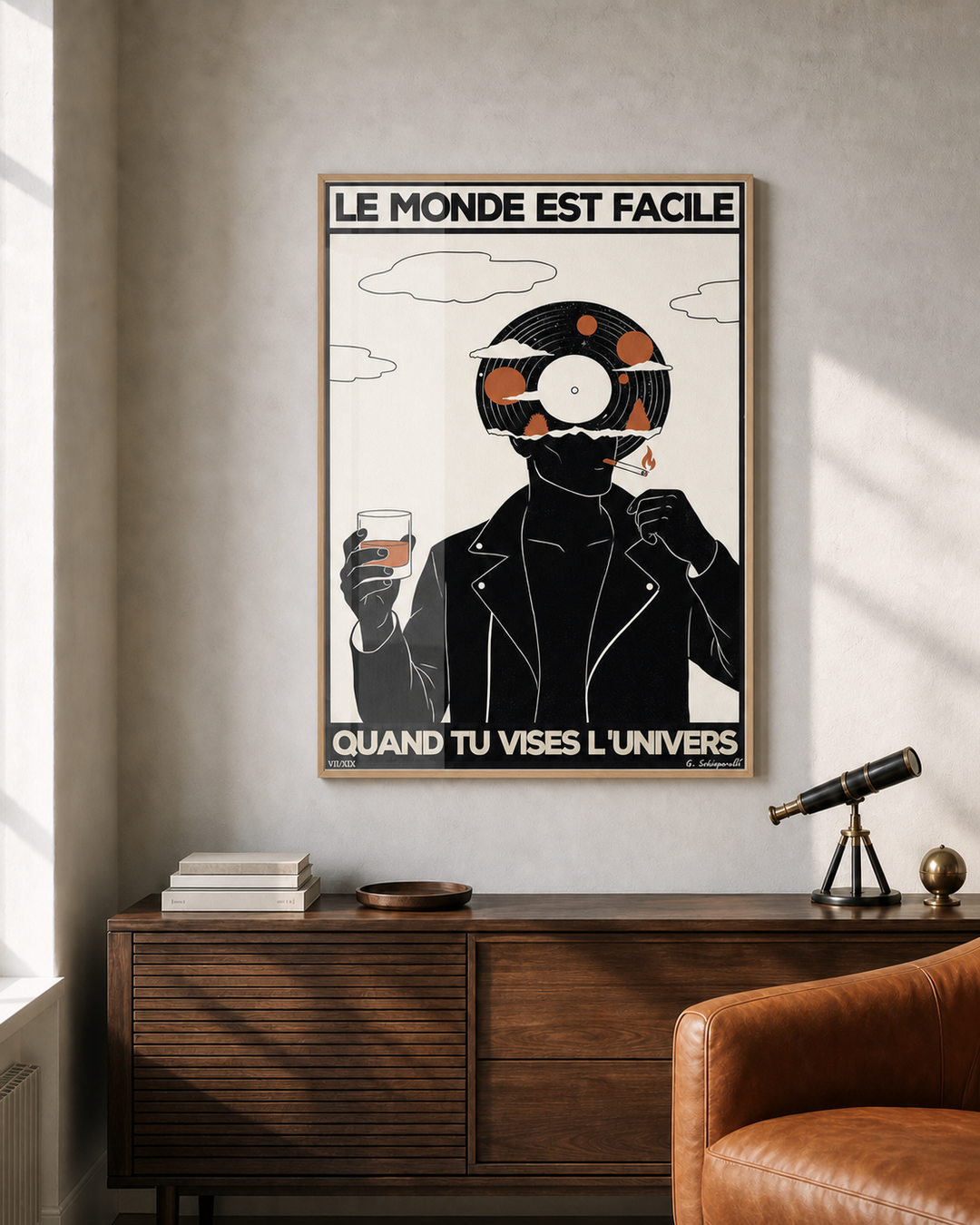 « Le monde est facile quand tu vises l'Univers — Atelier II » — Art print encadré sous verre, mise en situation 1