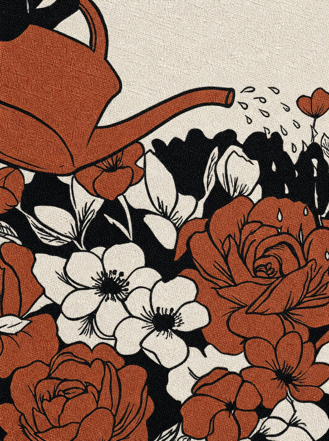 Gros plan sur l’encre mate terracotta, noire et crème de la toile Atelier