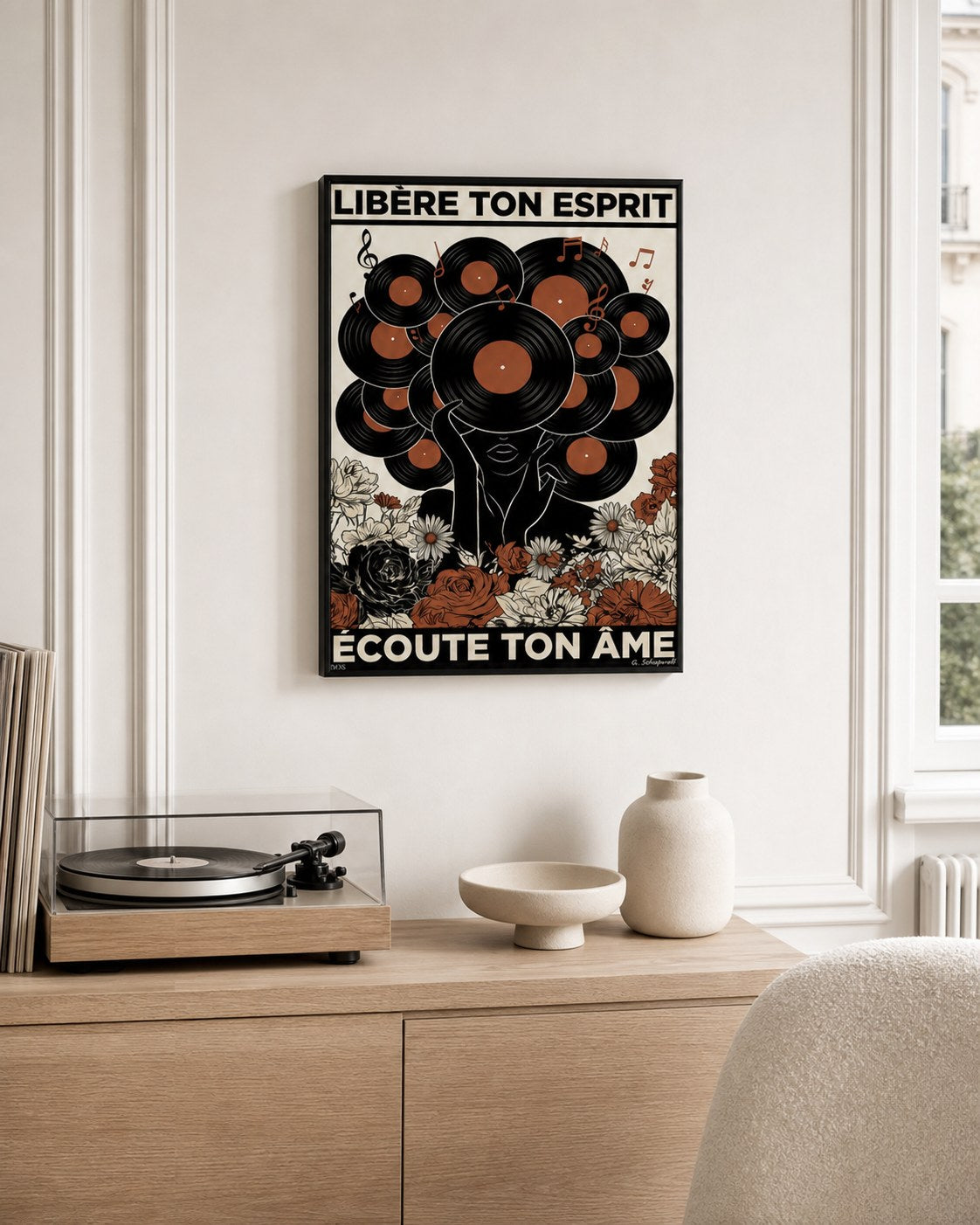 Toile vinyle Atelier montée dans un coin musique lumineux